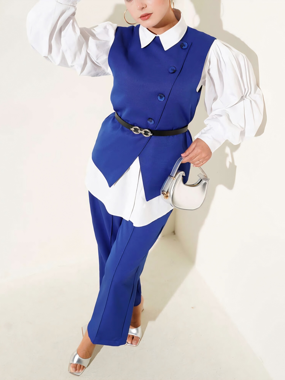 Modest Two-Piece Set – Cross-Button Belted Vest & Pants – (Shirt Not Included)